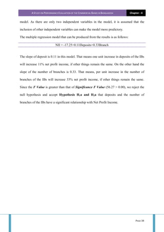 A STUDY ON PERFORMANCE EVALUATION OF THE COMMERCIAL BANKS IN BANGLADESH Chapter - 4
PAGE 34
model. As there are only two independent variables in the model, it is assumed that the
inclusion of other independent variables can make the model more predictory.
The multiple regression model that can be produced from the results is as follows:
NII = -17.25+0.11Deposits+0.33Branch
The slope of deposit is 0.11 in this model. That means one unit increase in deposits of the IBs
will increase 11% net profit income, if other things remain the same. On the other hand the
slope of the number of branches is 0.33. That means, per unit increase in the number of
branches of the IBs will increase 33% net profit income, if other things remain the same.
Since the F Value is greater than that of Significance F Value (56.27 > 0.00), we reject the
null hypothesis and accept Hypothesis H1a and H2a that deposits and the number of
branches of the IBs have a significant relationship with Net Profit Income.
 