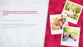O Emocional da compra é como se fosse um painel de fotos,
mostrando foto de todas as pessoas queridas, dos momentos
especiais...
• sentimentos de pessoas de verdade
• Clientes secretos são pessoas reais! Profissionais de diferentes
áreas que atuam como free lancer para contribuir com a
experiência do Consumidor.
 