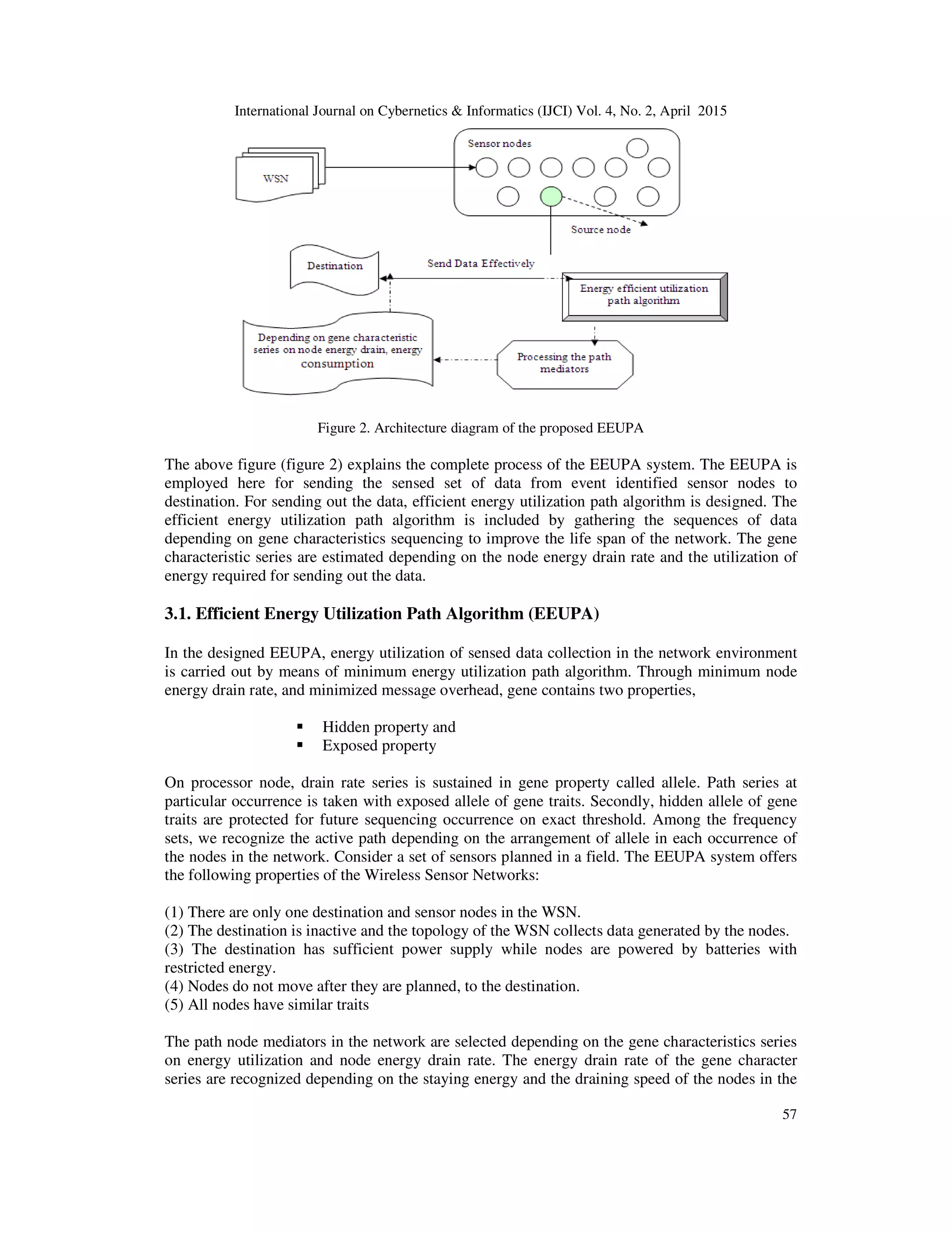 International Journal on Cybernetics & Informatics (IJCI) Vol. 4, No. 2, April 2015
57
Figure 2. Architecture diagram of the proposed EEUPA
The above figure (figure 2) explains the complete process of the EEUPA system. The EEUPA is
employed here for sending the sensed set of data from event identified sensor nodes to
destination. For sending out the data, efficient energy utilization path algorithm is designed. The
efficient energy utilization path algorithm is included by gathering the sequences of data
depending on gene characteristics sequencing to improve the life span of the network. The gene
characteristic series are estimated depending on the node energy drain rate and the utilization of
energy required for sending out the data.
3.1. Efficient Energy Utilization Path Algorithm (EEUPA)
In the designed EEUPA, energy utilization of sensed data collection in the network environment
is carried out by means of minimum energy utilization path algorithm. Through minimum node
energy drain rate, and minimized message overhead, gene contains two properties,
Hidden property and
Exposed property
On processor node, drain rate series is sustained in gene property called allele. Path series at
particular occurrence is taken with exposed allele of gene traits. Secondly, hidden allele of gene
traits are protected for future sequencing occurrence on exact threshold. Among the frequency
sets, we recognize the active path depending on the arrangement of allele in each occurrence of
the nodes in the network. Consider a set of sensors planned in a field. The EEUPA system offers
the following properties of the Wireless Sensor Networks:
(1) There are only one destination and sensor nodes in the WSN.
(2) The destination is inactive and the topology of the WSN collects data generated by the nodes.
(3) The destination has sufficient power supply while nodes are powered by batteries with
restricted energy.
(4) Nodes do not move after they are planned, to the destination.
(5) All nodes have similar traits
The path node mediators in the network are selected depending on the gene characteristics series
on energy utilization and node energy drain rate. The energy drain rate of the gene character
series are recognized depending on the staying energy and the draining speed of the nodes in the
 