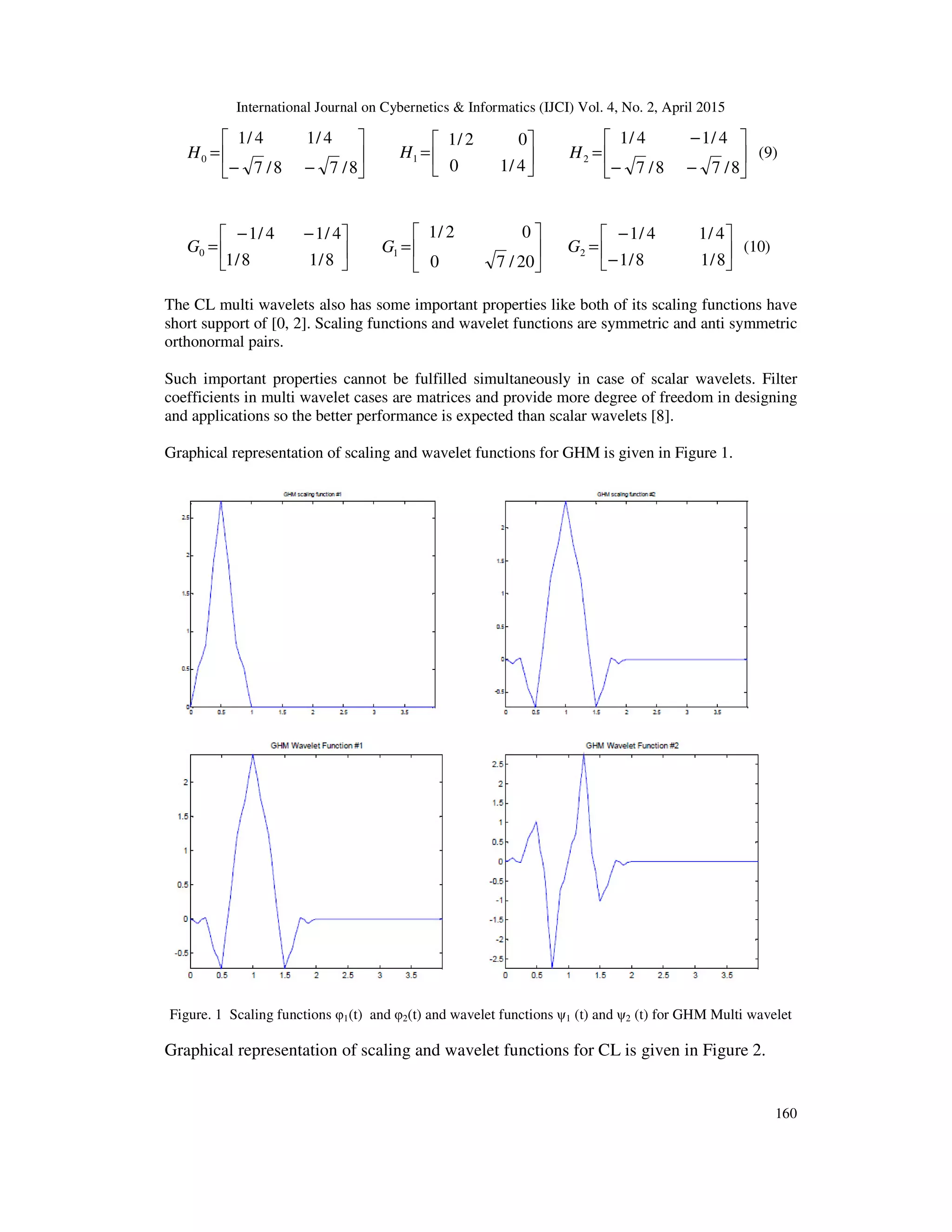 International Journal on Cybernetics & Informatics (IJCI) Vol. 4, No. 2, April 2015
160






−−
=
8/78/7
4/14/1
0H 





=
4/10
02/1
1H 





−−
−
=
8/78/7
4/14/1
2H (9)





 −−
=
8/18/1
4/14/1
0G 





=
20/70
02/1
1G 





−
−
=
8/18/1
4/14/1
2G (10)
The CL multi wavelets also has some important properties like both of its scaling functions have
short support of [0, 2]. Scaling functions and wavelet functions are symmetric and anti symmetric
orthonormal pairs.
Such important properties cannot be fulfilled simultaneously in case of scalar wavelets. Filter
coefficients in multi wavelet cases are matrices and provide more degree of freedom in designing
and applications so the better performance is expected than scalar wavelets [8].
Graphical representation of scaling and wavelet functions for GHM is given in Figure 1.
Figure. 1 Scaling functions φ1(t) and φ2(t) and wavelet functions ψ1 (t) and ψ2 (t) for GHM Multi wavelet
Graphical representation of scaling and wavelet functions for CL is given in Figure 2.
 
