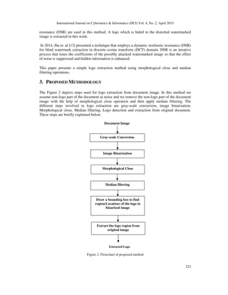 International Journal on Cybernetics & Informatics (IJCI) Vol. 4, No. 2, April 2015
223
resonance (DSR) are used in this method. A logo which is hided in the distorted watermarked
image is extracted in this work.
In 2014, Jha et. al [13] presented a technique that employs a dynamic stochastic resonance (DSR)
for blind watermark extraction in discrete cosine transform (DCT) domain. DSR is an iterative
process that tunes the coefficients of the possibly attacked watermarked image so that the effect
of noise is suppressed and hidden information is enhanced.
This paper presents a simple logo extraction method using morphological close and median
filtering operations.
3. PROPOSED METHODOLOGY
The Figure 2 depicts steps used for logo extraction from document image. In this method we
assume non-logo part of the document as noise and we remove the non-logo part of the document
image with the help of morphological close operation and then apply median filtering. The
different steps involved in logo extraction are gray-scale conversion, image binarization,
Morphological close, Median filtering, Logo detection and extraction from original document.
These steps are briefly explained below.
Document Image
Extracted Logo
Figure 2. Flowchart of proposed method
Image Binarization
Morphological Close
Median filtering
Draw a bounding box to find
region(Location) of the logo in
binarized image
Extract the logo region from
original image
Gray-scale Conversion
 
