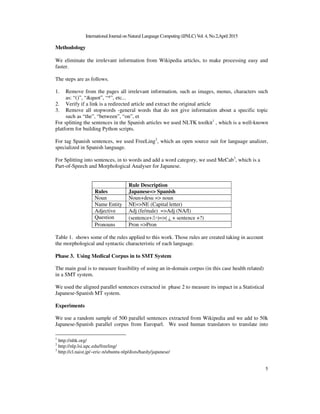 InternationalJournal on Natural Language Computing(IJNLC)Vol. 4, No.2,April 2015
5
Methodology
We eliminate the irrelevant information from Wikipedia articles, to make processing easy and
faster.
The steps are as follows.
1. Remove from the pages all irrelevant information, such as images, menus, characters such
as: “()”, “&quot”, “*”, etc...
2. Verify if a link is a redirected article and extract the original article
3. Remove all stopwords -general words that do not give information about a specific topic
such as “the”, “between”, “on”, et
For splitting the sentences in the Spanish articles we used NLTK toolkit1
, which is a well-known
platform for building Python scripts.
For tag Spanish sentences, we used FreeLing2
, which an open source suit for language analizer,
specialized in Spanish language.
For Splitting into sentences, in to words and add a word category, we used MeCab3
, which is a
Part-of-Speech and Morphological Analyser for Japanese.
Rule Description
Rules Japanese=> Spanish
Noun Noun+desu => noun
Name Entity NE=>NE (Capital letter)
Adjective Adj (fe/male) =>Adj (NA/I)
Question (sentence+か)=>( ¿ + sentence +?)
Pronouns Pron =>Pron
Table 1. shows some of the rules applied to this work. Those rules are created taking in account
the morphological and syntactic characteristic of each language.
Phase 3. Using Medical Corpus in to SMT System
The main goal is to measure feasibility of using an in-domain corpus (in this case health related)
in a SMT system.
We used the aligned parallel sentences extracted in phase 2 to measure its impact in a Statistical
Japanese-Spanish MT system.
Experiments
We use a random sample of 500 parallel sentences extracted from Wikipedia and we add to 50k
Japanese-Spanish parallel corpus from Europarl. We used human translators to translate into
1
http://nltk.org/
2
http://nlp.lsi.upc.edu/freeling/
3
http://cl.naist.jp/~eric-n/ubuntu-nlp/dists/hardy/japanese/
 