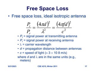 9/21/2023 CSE 4215, Winter 2011 17
Free Space Loss
• Free space loss, ideal isotropic antenna
• Pt = signal power at transmitting antenna
• Pr = signal power at receiving antenna
•  = carrier wavelength
• d = propagation distance between antennas
• c = speed of light ( 3  10 8 m/s)
where d and  are in the same units (e.g.,
meters)
   
2
2
2
2
4
4
c
fd
d
P
P
r
t 




 