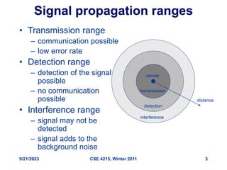 9/21/2023 CSE 4215, Winter 2011 3
Signal propagation ranges
• Transmission range
– communication possible
– low error rate
• Detection range
– detection of the signal
possible
– no communication
possible
• Interference range
– signal may not be
detected
– signal adds to the
background noise
distance
sender
transmission
detection
interference
 