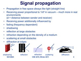 9/21/2023 CSE 4215, Winter 2011 4
Signal propagation
• Propagation in free space always like light (straight line)
• Receiving power proportional to 1/d² in vacuum – much more in real
environments
(d = distance between sender and receiver)
• Receiving power additionally influenced by
• fading (frequency dependent)
• shadowing
• reflection at large obstacles
• refraction depending on the density of a medium
• scattering at small obstacles
• diffraction at edges
reflection scattering diffraction
shadowing refraction
 