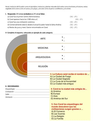 litoral, moluscos del Ecuador como el spondylus; moluscos y plantas naturales de la selva como el achiote y el tutúmo; restos
vegetales de la sierra como el cactus y el yoque, y de aves como el perico cordillerano y el cóndor.
I. Responda ( V ) si es verdadero o ( F ) si es falso:
a) Caral fue el primer Centro Administrativo. ( V ) ( F )
b) Caral aparece hacia los 2 900 años a.C. ( V ) ( F )
c) Caral fue una civilización cerámica. ( V ) ( F )
d) Comercialmente abarcó desde el actual Ecuador hasta la Selva Andina. ( V ) ( F )
e) Restos de yuca y maní, fueron encontrados en Caral. ( V ) ( F )
II- Completa el esquema, colocando un ejemplo de cada categoría.
II. DICCIONARIO:
Arqueología : ………………………………………………………………………………………………………………………………
Civilización : ………………………………………………………………………………………………………………………………
Valle : ………………………………………………………………………………………………………………………………
Jerarquía : ………………………………………………………………………………………………………………………………
ARTE
MEDICINA
ARQUEOLOGIA
RELIGIÓN
• ,
• ,
• .
• .
• .
• .
 