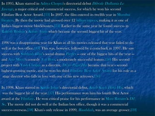 In 1995, Khan starred in Aditya Chopra's directorial debut Dilwale Dulhania Le
Jayenge, a major critical and commercial success, for which he won his second
Filmfare Best Actor Award.[33] In 2007, the film entered its twelfth year in Mumbai
theaters. By then the movie had grossed over 12 billion rupees, making it as one of
India's biggest movie blockbusters.[34] Earlier in the same year he found success in
Rakesh Roshan's Karan Arjun which became the second biggest hit of the year.
1996 was a disappointing year for Khan as all his movies released that year failed to do
well at the box office.[35] This was, however, followed by a comeback in 1997. He saw
success with Subhash Ghai's social drama Pardes — one of the biggest hits of the year —
and Aziz Mirza's comedy Yes Boss, a moderately successful feature.[36] His second
project with Yash Chopra as a director, Dil to Pagal Hai became that year's second
highest-grossing movie, and he won his third Filmfare Best Actor Award for his role as a
stage director who falls in love with one of his new actresses.[36]
In 1998, Khan starred in Karan Johar's directorial debut, Kuch Kuch Hota Hai, which
was the biggest hit of the year.[37] His performance won him his fourth Best Actor
award at the Filmfare. He won critical praise for his performance in Mani Ratnam's Dil
Se. The movie did not do well at the Indian box office, though it was a commercial
success overseas.[38] Khan's only release in 1999, Baadshah, was an average grosser.[39]

 