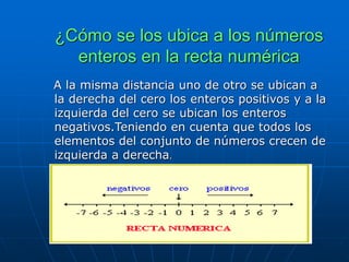 ¿Cómo se los ubica a los números
enteros en la recta numérica
A la misma distancia uno de otro se ubican a
la derecha del cero los enteros positivos y a la
izquierda del cero se ubican los enteros
negativos.Teniendo en cuenta que todos los
elementos del conjunto de números crecen de
izquierda a derecha.
 
