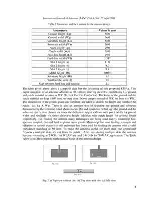 International Journal of Antennas (JANT) Vol.4, No.1/2, April 2018
4
Table:1 Parameters and their values for the antenna design.
The table given above gives a complete data for the designing of this proposed RMPA. This
paper comprises of an antenna substrate as FR-4 (lossy) having dielectric permittivity 4.3, ground
and patch material is taken as PEC (Perfect Electric Conductor). Thickness of the ground and the
patch material are kept 0.035 mm, we may also choose copper instead of PEC but here it is PEC.
The dimensions of the ground plane and substrate are taken as double the length and width of the
patch.( i.e. Lg X Wg). There is also an another way of selecting the ground and substrate
dimensions by the formulae listed above in eqn. (6) and equation (7) that says the ground and the
substrate can be also chosen six times the dielectric height addition with patch width for ground
width and similarly six times dielectric height addition with patch length for ground length
respectively. For feeding the antenna many techniques are being used mostly microstrip line,
aperture coupled, co-axial feed, coplanar wave guide. Microstrip line inset feeding is simple and
effective in various matters so this technique has been used for feeding the antenna with a valid
impedance matching at 50 ohm. To make the antenna useful for more than one operational
frequency multiple slots are cut from the patch . After introducing multiple slots the antenna
become resonating at 2.4GHz for WLAN use and 3.6 GHz for WiMAX application. The Table
below gives the complete mathematical value of the antenna design.
Fig. 2(a) Top view without slot (b).Top view with slot. (c).Side view
Parameters Values in mm
Ground length (Lg) 58.0
Ground width (Wg) 76.0
Substrate length (Ls) 58.0
Substrate width (Ws) 76.0
Patch length (Lp) 29.0
Patch width (Wp) 38.0
Feed-line length (Lf) 29.0
Feed-line width (Wf) 3.317
Slot 1 length (a) 11.0
Slot 2 length (b) 9.0
Slot 3 length (c) 9.8
Metal height (Mt) 0.035
Substrate height (Ht) 1.6
Width of the slots (d) 1.0
Gap between feed-line and patch(e) 2.0
 
