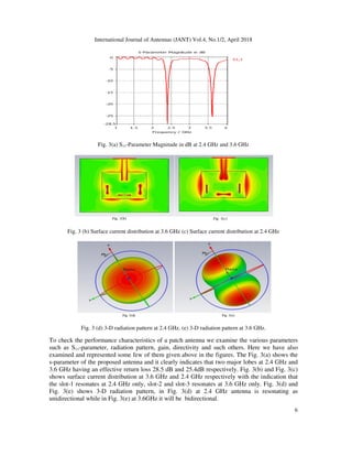 International Journal of Antennas (JANT) Vol.4, No.1/2, April 2018
6
Fig. 3(a) S11-Parameter Magnitude in dB at 2.4 GHz and 3.6 GHz
Fig. 3 (b) Surface current distribution at 3.6 GHz (c) Surface current distribution at 2.4 GHz
Fig. 3 (d) 3-D radiation pattern at 2.4 GHz. (e) 3-D radiation pattern at 3.6 GHz.
To check the performance characteristics of a patch antenna we examine the various parameters
such as S11-parameter, radiation pattern, gain, directivity and such others. Here we have also
examined and represented some few of them given above in the figures. The Fig. 3(a) shows the
s-parameter of the proposed antenna and it clearly indicates that two major lobes at 2.4 GHz and
3.6 GHz having an effective return loss 28.5 dB and 25.4dB respectively. Fig. 3(b) and Fig. 3(c)
shows surface current distribution at 3.6 GHz and 2.4 GHz respectively with the indication that
the slot-1 resonates at 2.4 GHz only, slot-2 and slot-3 resonates at 3.6 GHz only. Fig. 3(d) and
Fig. 3(e) shows 3-D radiation pattern, in Fig. 3(d) at 2.4 GHz antenna is resonating as
unidirectional while in Fig. 3(e) at 3.6GHz it will be bidirectional.
 