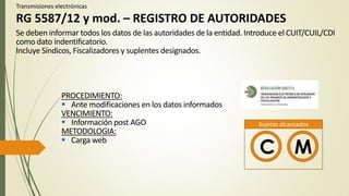 Transmisiones electrónicas
RG 5587/12 y mod. – REGISTRO DE AUTORIDADES
PROCEDIMIENTO:
 Ante modificaciones en los datos informados
VENCIMIENTO:
 Información post AGO
METODOLOGIA:
 Carga web
Se deben informar todos los datos de las autoridades de la entidad. Introduce el CUIT/CUIL/CDI
como dato indentificatorio.
Incluye Síndicos, Fiscalizadores y suplentes designados.
C M
Sujetos alcanzados
 