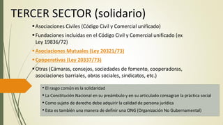 TERCER SECTOR (solidario)
• El rasgo común es la solidaridad
• La Constitución Nacional en su preámbulo y en su articulado consagran la práctica social
• Como sujeto de derecho debe adquirir la calidad de persona jurídica
• Esta es también una manera de definir una ONG (Organización No Gubernamental)
TERCER SECTOR (solidario)
Asociaciones Civiles (Código Civil y Comercial unificado)
Fundaciones incluidas en el Código Civil y Comercial unificado (ex
Ley 19836/72)
Asociaciones Mutuales (Ley 20321/73)
Cooperativas (Ley 20337/73)
Otras (Cámaras, consejos, sociedades de fomento, cooperadoras,
asociaciones barriales, obras sociales, sindicatos, etc.)
 