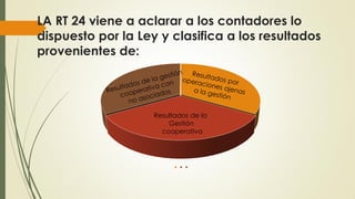 LA RT 24 viene a aclarar a los contadores lo
dispuesto por la Ley y clasifica a los resultados
provenientes de:
Resultados de la
Gestión
cooperativa
 