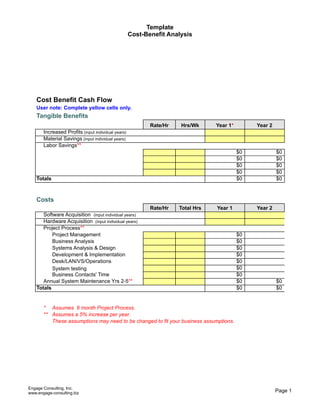 Template
Cost-Benefit Analysis
Engage Consulting, Inc.
www.engage-consulting.biz Page 1
Cost Benefit Cash Flow
User note: Complete yellow cells only.
Tangible Benefits
Rate/Hr Hrs/Wk Year 2
$0 $0
$0 $0
$0 $0
$0 $0
Totals $0 $0
Costs
Rate/Hr Total Hrs Year 1 Year 2
Project Management $0
Business Analysis $0
Systems Analysis & Design $0
Development & Implementation $0
Desk/LAN/VS/Operations $0
System testing $0
Business Contacts' Time $0
$0 $0
Totals $0 $0
* Assumes 6 month Project Process.
** Assumes a 5% increase per year.
These assumptions may need to be changed to fit your business assumptions.
Year 1*
Increased Profits (input individual years)
Material Savings (input individual years)
Labor Savings**
Software Acquisition (input individual years)
Hardware Acquisition (input individual years)
Project Process**
Annual System Maintenance Yrs 2-5**
 