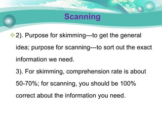 2). Purpose for skimming---to get the general
idea; purpose for scanning---to sort out the exact
information we need.
3). For skimming, comprehension rate is about
50-70%; for scanning, you should be 100%
correct about the information you need.
Scanning
 