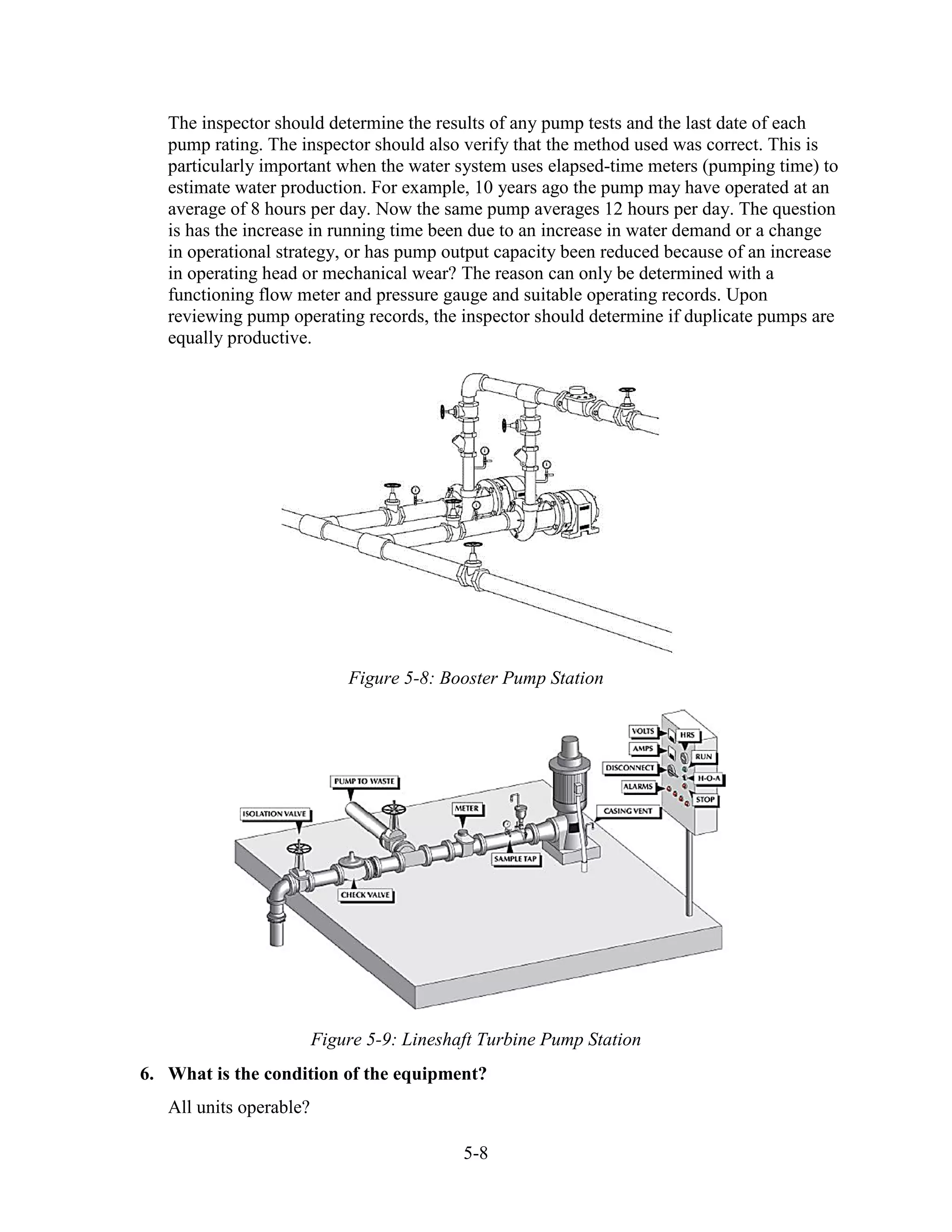 5-8
The inspector should determine the results of any pump tests and the last date of each
pump rating. The inspector should also verify that the method used was correct. This is
particularly important when the water system uses elapsed-time meters (pumping time) to
estimate water production. For example, 10 years ago the pump may have operated at an
average of 8 hours per day. Now the same pump averages 12 hours per day. The question
is has the increase in running time been due to an increase in water demand or a change
in operational strategy, or has pump output capacity been reduced because of an increase
in operating head or mechanical wear? The reason can only be determined with a
functioning flow meter and pressure gauge and suitable operating records. Upon
reviewing pump operating records, the inspector should determine if duplicate pumps are
equally productive.
Figure 5-8: Booster Pump Station
Figure 5-9: Lineshaft Turbine Pump Station
6. What is the condition of the equipment?
All units operable?
 