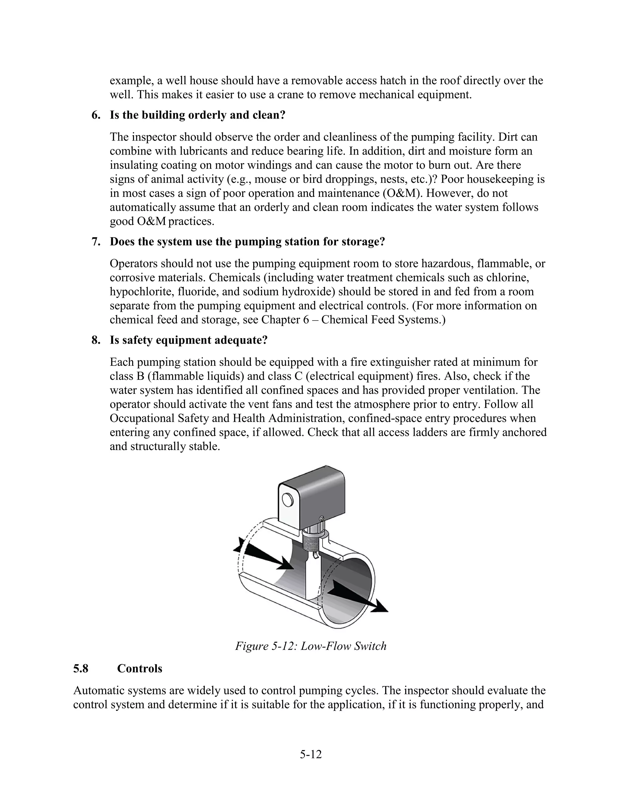 5-12
example, a well house should have a removable access hatch in the roof directly over the
well. This makes it easier to use a crane to remove mechanical equipment.
6. Is the building orderly and clean?
The inspector should observe the order and cleanliness of the pumping facility. Dirt can
combine with lubricants and reduce bearing life. In addition, dirt and moisture form an
insulating coating on motor windings and can cause the motor to burn out. Are there
signs of animal activity (e.g., mouse or bird droppings, nests, etc.)? Poor housekeeping is
in most cases a sign of poor operation and maintenance (O&M). However, do not
automatically assume that an orderly and clean room indicates the water system follows
good O&M practices.
7. Does the system use the pumping station for storage?
Operators should not use the pumping equipment room to store hazardous, flammable, or
corrosive materials. Chemicals (including water treatment chemicals such as chlorine,
hypochlorite, fluoride, and sodium hydroxide) should be stored in and fed from a room
separate from the pumping equipment and electrical controls. (For more information on
chemical feed and storage, see Chapter 6 – Chemical Feed Systems.)
8. Is safety equipment adequate?
Each pumping station should be equipped with a fire extinguisher rated at minimum for
class B (flammable liquids) and class C (electrical equipment) fires. Also, check if the
water system has identified all confined spaces and has provided proper ventilation. The
operator should activate the vent fans and test the atmosphere prior to entry. Follow all
Occupational Safety and Health Administration, confined-space entry procedures when
entering any confined space, if allowed. Check that all access ladders are firmly anchored
and structurally stable.
Figure 5-12: Low-Flow Switch
5.8 Controls
Automatic systems are widely used to control pumping cycles. The inspector should evaluate the
control system and determine if it is suitable for the application, if it is functioning properly, and
 