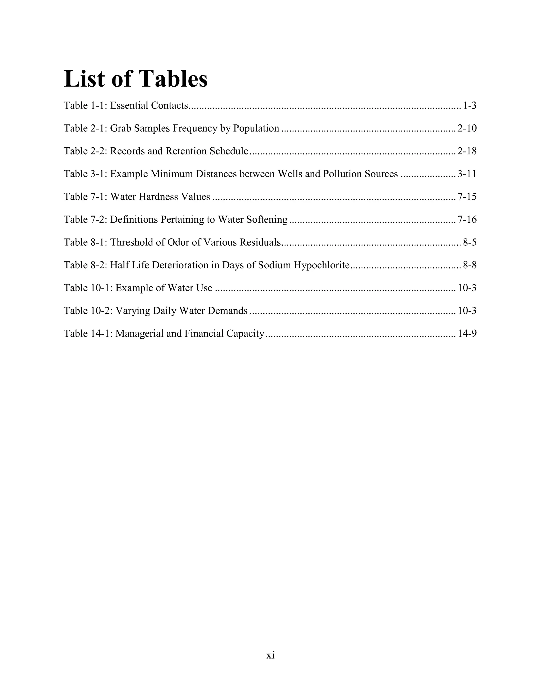 xi
List of Tables
Table 1-1: Essential Contacts.......................................................................................................1-3
Table 2-1: Grab Samples Frequency by Population ..................................................................2-10
Table 2-2: Records and Retention Schedule..............................................................................2-18
Table 3-1: Example Minimum Distances between Wells and Pollution Sources .....................3-11
Table 7-1: Water Hardness Values ............................................................................................7-15
Table 7-2: Definitions Pertaining to Water Softening...............................................................7-16
Table 8-1: Threshold of Odor of Various Residuals....................................................................8-5
Table 8-2: Half Life Deterioration in Days of Sodium Hypochlorite..........................................8-8
Table 10-1: Example of Water Use ...........................................................................................10-3
Table 10-2: Varying Daily Water Demands ..............................................................................10-3
Table 14-1: Managerial and Financial Capacity........................................................................14-9
 