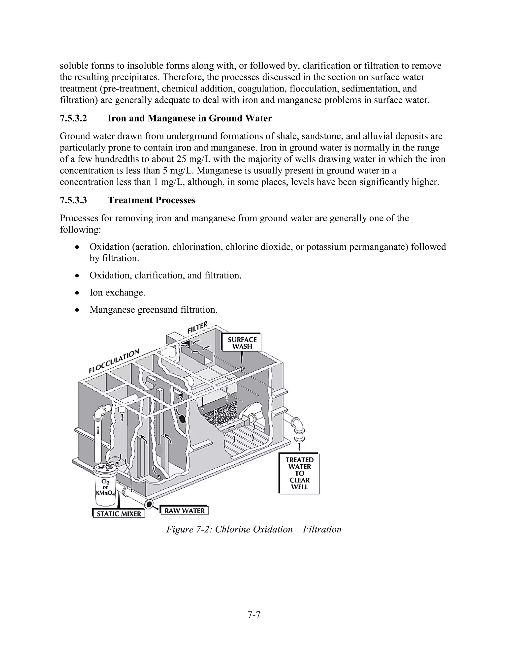 7-7
soluble forms to insoluble forms along with, or followed by, clarification or filtration to remove
the resulting precipitates. Therefore, the processes discussed in the section on surface water
treatment (pre-treatment, chemical addition, coagulation, flocculation, sedimentation, and
filtration) are generally adequate to deal with iron and manganese problems in surface water.
7.5.3.2 Iron and Manganese in Ground Water
Ground water drawn from underground formations of shale, sandstone, and alluvial deposits are
particularly prone to contain iron and manganese. Iron in ground water is normally in the range
of a few hundredths to about 25 mg/L with the majority of wells drawing water in which the iron
concentration is less than 5 mg/L. Manganese is usually present in ground water in a
concentration less than 1 mg/L, although, in some places, levels have been significantly higher.
7.5.3.3 Treatment Processes
Processes for removing iron and manganese from ground water are generally one of the
following:
• Oxidation (aeration, chlorination, chlorine dioxide, or potassium permanganate) followed
by filtration.
• Oxidation, clarification, and filtration.
• Ion exchange.
• Manganese greensand filtration.
Figure 7-2: Chlorine Oxidation – Filtration
 