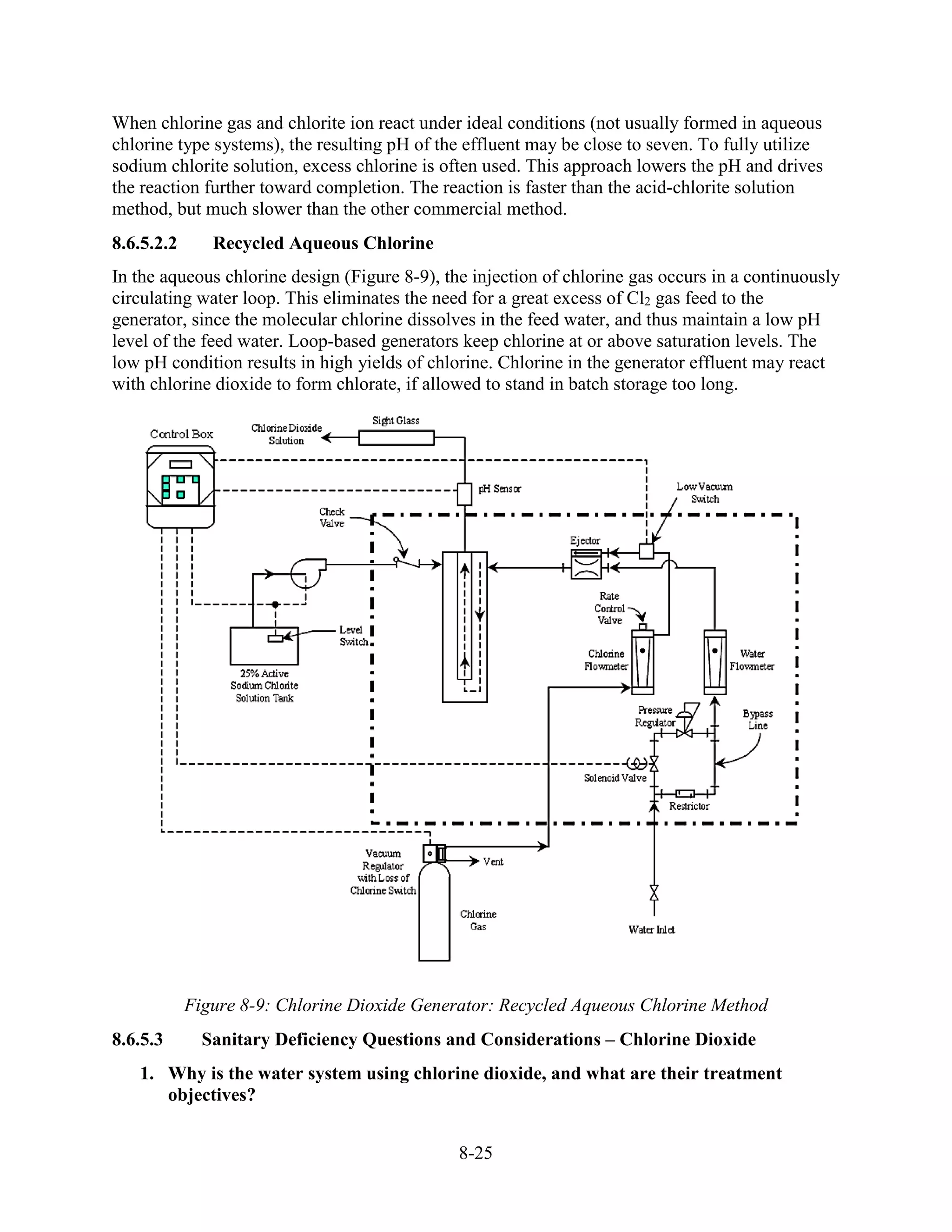 8-25
When chlorine gas and chlorite ion react under ideal conditions (not usually formed in aqueous
chlorine type systems), the resulting pH of the effluent may be close to seven. To fully utilize
sodium chlorite solution, excess chlorine is often used. This approach lowers the pH and drives
the reaction further toward completion. The reaction is faster than the acid-chlorite solution
method, but much slower than the other commercial method.
8.6.5.2.2 Recycled Aqueous Chlorine
In the aqueous chlorine design (Figure 8-9), the injection of chlorine gas occurs in a continuously
circulating water loop. This eliminates the need for a great excess of Cl2 gas feed to the
generator, since the molecular chlorine dissolves in the feed water, and thus maintain a low pH
level of the feed water. Loop-based generators keep chlorine at or above saturation levels. The
low pH condition results in high yields of chlorine. Chlorine in the generator effluent may react
with chlorine dioxide to form chlorate, if allowed to stand in batch storage too long.
Figure 8-9: Chlorine Dioxide Generator: Recycled Aqueous Chlorine Method
8.6.5.3 Sanitary Deficiency Questions and Considerations – Chlorine Dioxide
1. Why is the water system using chlorine dioxide, and what are their treatment
objectives?
 