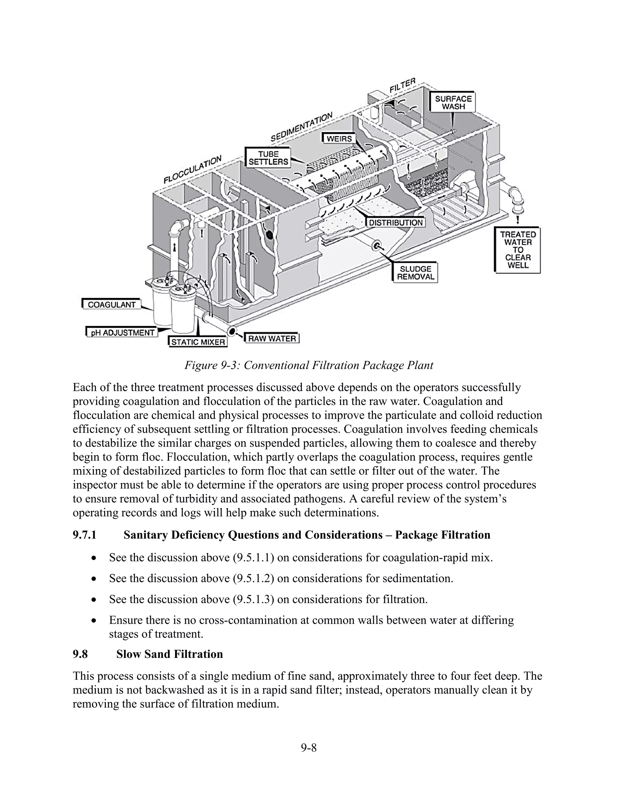 9-8
Figure 9-3: Conventional Filtration Package Plant
Each of the three treatment processes discussed above depends on the operators successfully
providing coagulation and flocculation of the particles in the raw water. Coagulation and
flocculation are chemical and physical processes to improve the particulate and colloid reduction
efficiency of subsequent settling or filtration processes. Coagulation involves feeding chemicals
to destabilize the similar charges on suspended particles, allowing them to coalesce and thereby
begin to form floc. Flocculation, which partly overlaps the coagulation process, requires gentle
mixing of destabilized particles to form floc that can settle or filter out of the water. The
inspector must be able to determine if the operators are using proper process control procedures
to ensure removal of turbidity and associated pathogens. A careful review of the system’s
operating records and logs will help make such determinations.
9.7.1 Sanitary Deficiency Questions and Considerations – Package Filtration
• See the discussion above (9.5.1.1) on considerations for coagulation-rapid mix.
• See the discussion above (9.5.1.2) on considerations for sedimentation.
• See the discussion above (9.5.1.3) on considerations for filtration.
• Ensure there is no cross-contamination at common walls between water at differing
stages of treatment.
9.8 Slow Sand Filtration
This process consists of a single medium of fine sand, approximately three to four feet deep. The
medium is not backwashed as it is in a rapid sand filter; instead, operators manually clean it by
removing the surface of filtration medium.
 