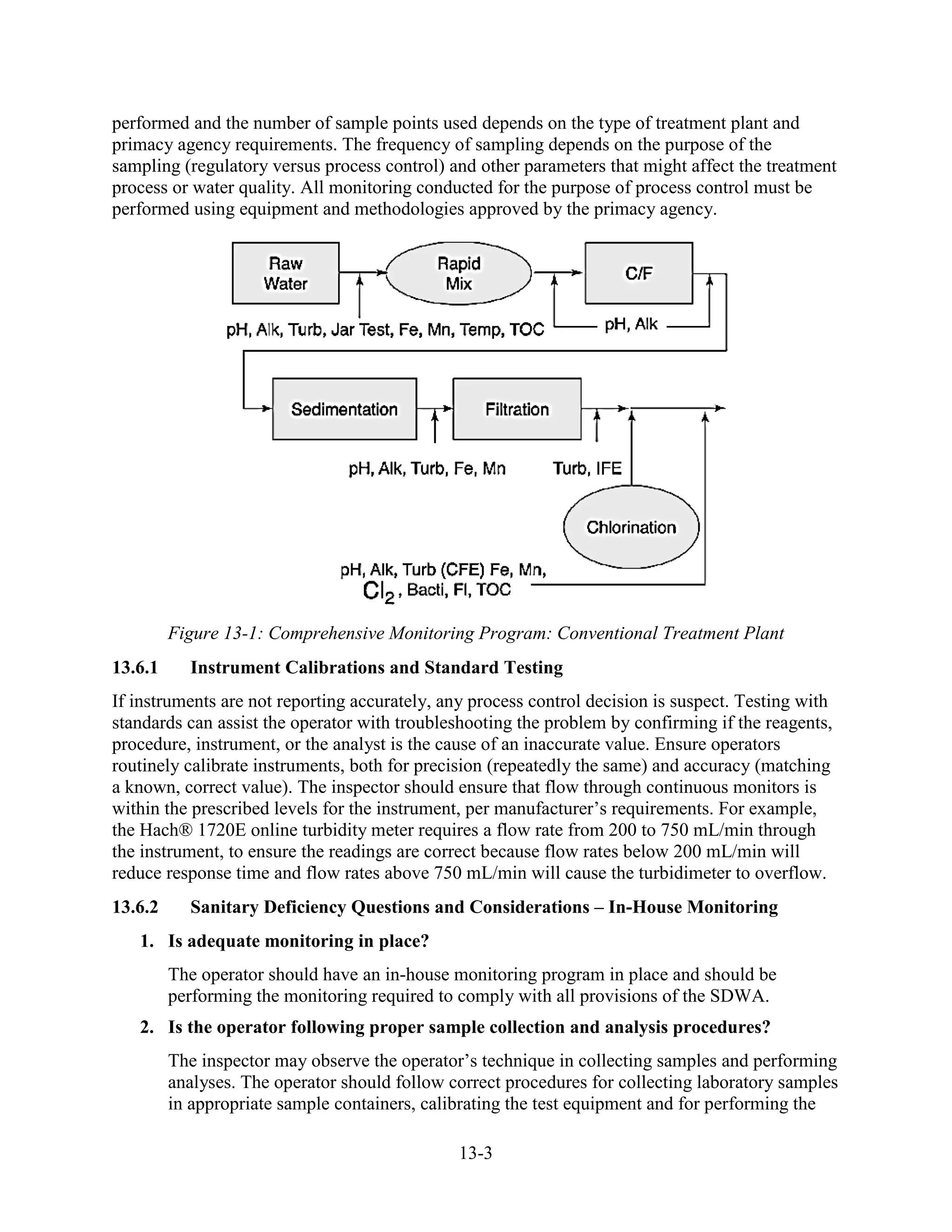 13-3
performed and the number of sample points used depends on the type of treatment plant and
primacy agency requirements. The frequency of sampling depends on the purpose of the
sampling (regulatory versus process control) and other parameters that might affect the treatment
process or water quality. All monitoring conducted for the purpose of process control must be
performed using equipment and methodologies approved by the primacy agency.
Figure 13-1: Comprehensive Monitoring Program: Conventional Treatment Plant
13.6.1 Instrument Calibrations and Standard Testing
If instruments are not reporting accurately, any process control decision is suspect. Testing with
standards can assist the operator with troubleshooting the problem by confirming if the reagents,
procedure, instrument, or the analyst is the cause of an inaccurate value. Ensure operators
routinely calibrate instruments, both for precision (repeatedly the same) and accuracy (matching
a known, correct value). The inspector should ensure that flow through continuous monitors is
within the prescribed levels for the instrument, per manufacturer’s requirements. For example,
the Hach® 1720E online turbidity meter requires a flow rate from 200 to 750 mL/min through
the instrument, to ensure the readings are correct because flow rates below 200 mL/min will
reduce response time and flow rates above 750 mL/min will cause the turbidimeter to overflow.
13.6.2 Sanitary Deficiency Questions and Considerations – In-House Monitoring
1. Is adequate monitoring in place?
The operator should have an in-house monitoring program in place and should be
performing the monitoring required to comply with all provisions of the SDWA.
2. Is the operator following proper sample collection and analysis procedures?
The inspector may observe the operator’s technique in collecting samples and performing
analyses. The operator should follow correct procedures for collecting laboratory samples
in appropriate sample containers, calibrating the test equipment and for performing the
 