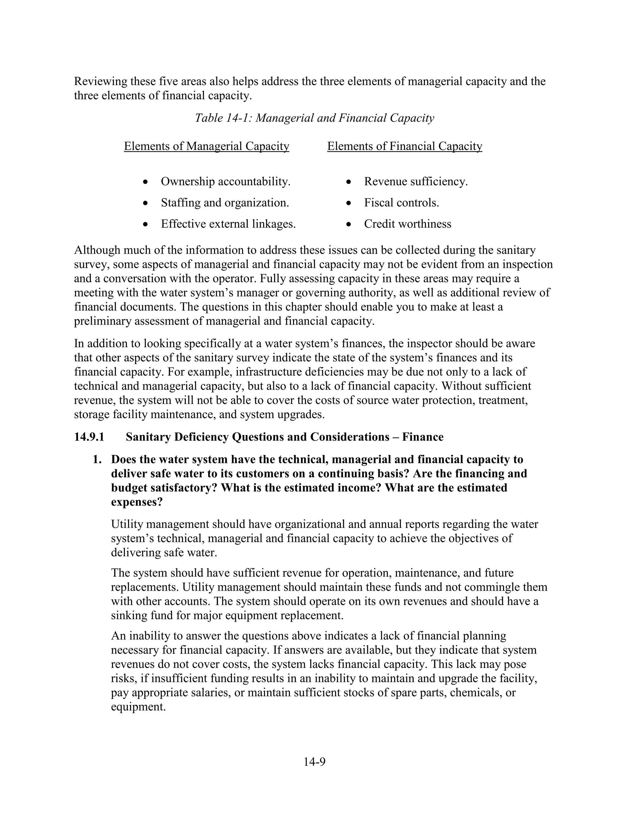 14-9
Reviewing these five areas also helps address the three elements of managerial capacity and the
three elements of financial capacity.
Table 14-1: Managerial and Financial Capacity
Elements of Managerial Capacity Elements of Financial Capacity
• Ownership accountability.
• Staffing and organization.
• Effective external linkages.
• Revenue sufficiency.
• Fiscal controls.
• Credit worthiness
Although much of the information to address these issues can be collected during the sanitary
survey, some aspects of managerial and financial capacity may not be evident from an inspection
and a conversation with the operator. Fully assessing capacity in these areas may require a
meeting with the water system’s manager or governing authority, as well as additional review of
financial documents. The questions in this chapter should enable you to make at least a
preliminary assessment of managerial and financial capacity.
In addition to looking specifically at a water system’s finances, the inspector should be aware
that other aspects of the sanitary survey indicate the state of the system’s finances and its
financial capacity. For example, infrastructure deficiencies may be due not only to a lack of
technical and managerial capacity, but also to a lack of financial capacity. Without sufficient
revenue, the system will not be able to cover the costs of source water protection, treatment,
storage facility maintenance, and system upgrades.
14.9.1 Sanitary Deficiency Questions and Considerations – Finance
1. Does the water system have the technical, managerial and financial capacity to
deliver safe water to its customers on a continuing basis? Are the financing and
budget satisfactory? What is the estimated income? What are the estimated
expenses?
Utility management should have organizational and annual reports regarding the water
system’s technical, managerial and financial capacity to achieve the objectives of
delivering safe water.
The system should have sufficient revenue for operation, maintenance, and future
replacements. Utility management should maintain these funds and not commingle them
with other accounts. The system should operate on its own revenues and should have a
sinking fund for major equipment replacement.
An inability to answer the questions above indicates a lack of financial planning
necessary for financial capacity. If answers are available, but they indicate that system
revenues do not cover costs, the system lacks financial capacity. This lack may pose
risks, if insufficient funding results in an inability to maintain and upgrade the facility,
pay appropriate salaries, or maintain sufficient stocks of spare parts, chemicals, or
equipment.
 