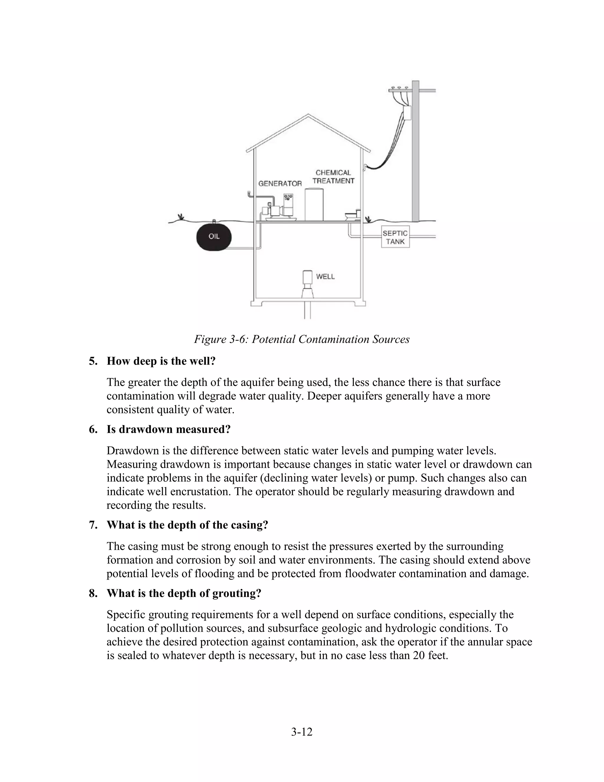 3-12
Figure 3-6: Potential Contamination Sources
5. How deep is the well?
The greater the depth of the aquifer being used, the less chance there is that surface
contamination will degrade water quality. Deeper aquifers generally have a more
consistent quality of water.
6. Is drawdown measured?
Drawdown is the difference between static water levels and pumping water levels.
Measuring drawdown is important because changes in static water level or drawdown can
indicate problems in the aquifer (declining water levels) or pump. Such changes also can
indicate well encrustation. The operator should be regularly measuring drawdown and
recording the results.
7. What is the depth of the casing?
The casing must be strong enough to resist the pressures exerted by the surrounding
formation and corrosion by soil and water environments. The casing should extend above
potential levels of flooding and be protected from floodwater contamination and damage.
8. What is the depth of grouting?
Specific grouting requirements for a well depend on surface conditions, especially the
location of pollution sources, and subsurface geologic and hydrologic conditions. To
achieve the desired protection against contamination, ask the operator if the annular space
is sealed to whatever depth is necessary, but in no case less than 20 feet.
 