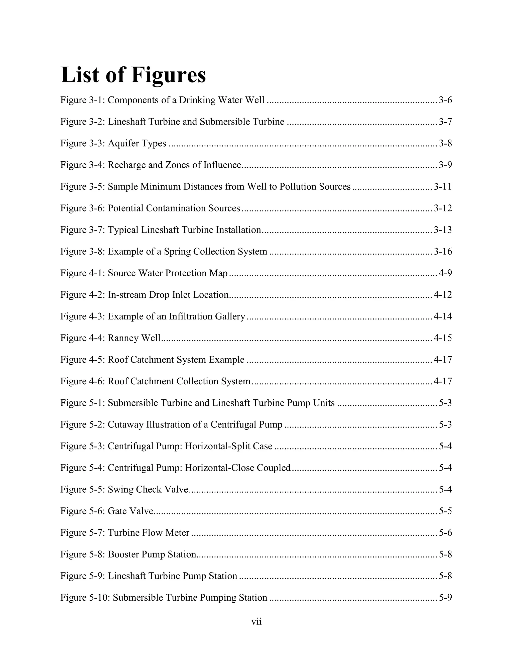 vii
List of Figures
Figure 3-1: Components of a Drinking Water Well ....................................................................3-6
Figure 3-2: Lineshaft Turbine and Submersible Turbine ............................................................3-7
Figure 3-3: Aquifer Types ...........................................................................................................3-8
Figure 3-4: Recharge and Zones of Influence..............................................................................3-9
Figure 3-5: Sample Minimum Distances from Well to Pollution Sources................................3-11
Figure 3-6: Potential Contamination Sources............................................................................3-12
Figure 3-7: Typical Lineshaft Turbine Installation....................................................................3-13
Figure 3-8: Example of a Spring Collection System .................................................................3-16
Figure 4-1: Source Water Protection Map...................................................................................4-9
Figure 4-2: In-stream Drop Inlet Location.................................................................................4-12
Figure 4-3: Example of an Infiltration Gallery..........................................................................4-14
Figure 4-4: Ranney Well............................................................................................................4-15
Figure 4-5: Roof Catchment System Example ..........................................................................4-17
Figure 4-6: Roof Catchment Collection System........................................................................4-17
Figure 5-1: Submersible Turbine and Lineshaft Turbine Pump Units ........................................5-3
Figure 5-2: Cutaway Illustration of a Centrifugal Pump .............................................................5-3
Figure 5-3: Centrifugal Pump: Horizontal-Split Case .................................................................5-4
Figure 5-4: Centrifugal Pump: Horizontal-Close Coupled..........................................................5-4
Figure 5-5: Swing Check Valve...................................................................................................5-4
Figure 5-6: Gate Valve.................................................................................................................5-5
Figure 5-7: Turbine Flow Meter ..................................................................................................5-6
Figure 5-8: Booster Pump Station................................................................................................5-8
Figure 5-9: Lineshaft Turbine Pump Station ...............................................................................5-8
Figure 5-10: Submersible Turbine Pumping Station ...................................................................5-9
 