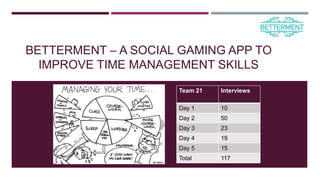 BETTERMENT – A SOCIAL GAMING APP TO
IMPROVE TIME MANAGEMENT SKILLS
Team 21Team 21 Interviews
Day 1 10
Day 2 50
Day 3 23
Day 4 19
Day 5 15
Total 117
 
