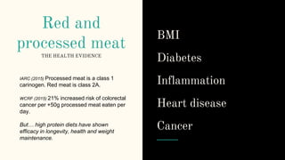 Red and
processed meat
THE HEALTH EVIDENCE
BMI
Diabetes
Inflammation
Heart disease
Cancer
IARC (2015) Processed meat is a class 1
carinogen. Red meat is class 2A.
WCRF (2015) 21% increased risk of colorectal
cancer per +50g processed meat eaten per
day.
But… high protein diets have shown
efficacy in longevity, health and weight
maintenance.
 