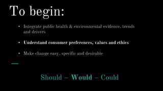 To begin:
• Integrate public health & environmental evidence, trends
and drivers
• Understand consumer preferences, values and ethics
• Make change easy, specific and desirable
Should – Would – Could
 