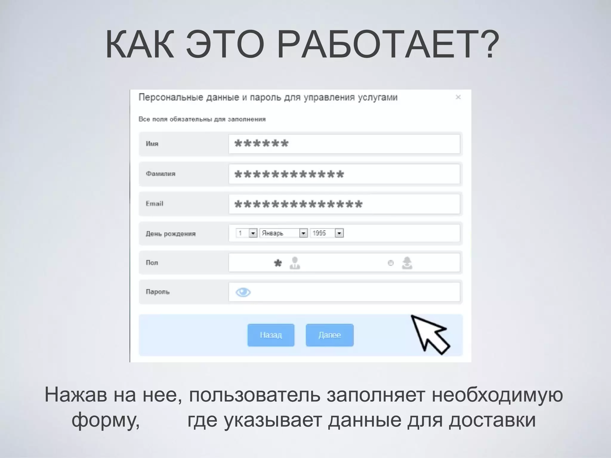 КАК ЭТО РАБОТАЕТ?
Нажав на нее, пользователь заполняет необходимую
форму, где указывает данные для доставки