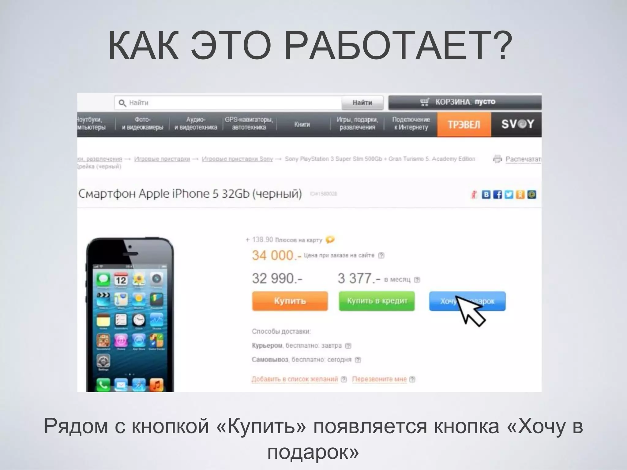 КАК ЭТО РАБОТАЕТ?
Рядом с кнопкой «Купить» появляется кнопка «Хочу в
подарок»