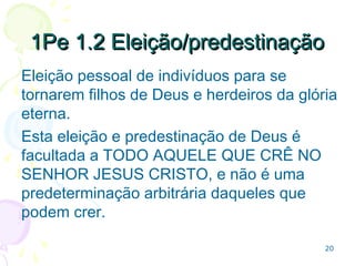 20
1.9 O ALVO DA FÉ1.9 O ALVO DA FÉ
Assim que aceitamos a Cristo recebemos a
salvação da alma (parte imaterial que se separa
do corpo na morte e que inclui o espírito por
meio do qual temos consciência de Deus).
A salvação do corpo ocorrerá no futuro, quando
Jesus retornar.
Ver mais em Gênesis – pg 81
 