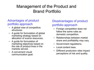 Management of the Product and
Brand Portfolio
Advantages of product
portfolio approach
– A global view of competitive
structures.
– A guide for formulation of global
marketing strategy based on
allocation of scarce resources.
– A guide for formulation of
marketing objectives based on
the role of product lines in the
markets served.
– A convenient visual
communication goal.
Disadvantages of product
portfolio approach
– Foreign competition does not
follow the same rules as
domestic competition.
– Relationships between market
share and profitability may vary.
– Government regulations.
– Local content laws.
– Different production sites impact
perceptions of risk and quality.
 