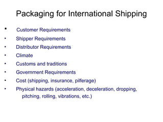 Packaging for International Shipping
• Customer Requirements
• Shipper Requirements
• Distributor Requirements
• Climate
• Customs and traditions
• Government Requirements
• Cost (shipping, insurance, pilferage)
• Physical hazards (acceleration, deceleration, dropping,
pitching, rolling, vibrations, etc.)
 