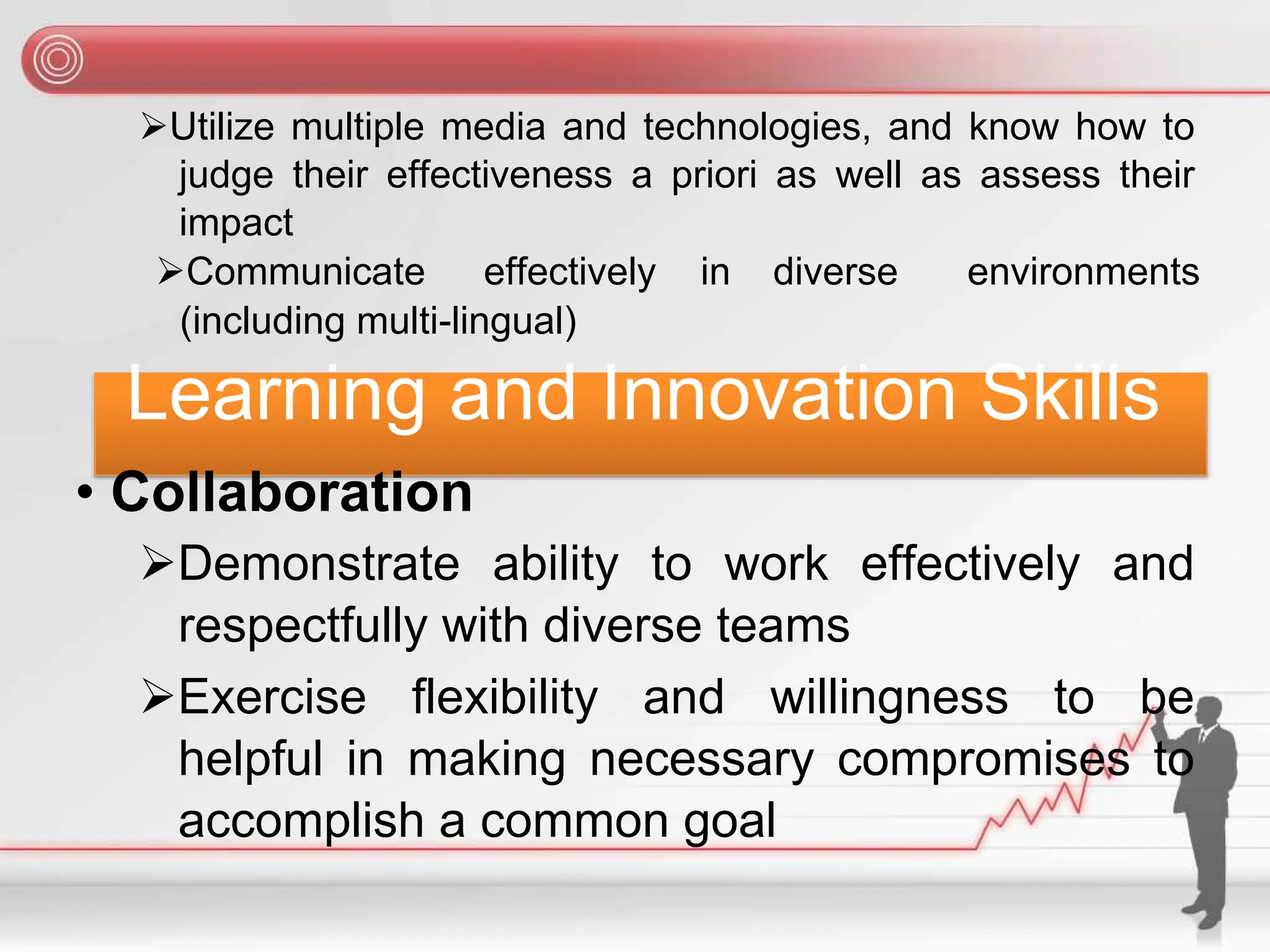 ➢Utilize multiple media and technologies, and know how to
judge their effectiveness a priori as well as assess their
impact
➢Communicate effectively in diverse environments
(including multi-lingual)
Learning and Innovation Skills
• Collaboration
➢Demonstrate ability to work effectively and
respectfully with diverse teams
➢Exercise flexibility and willingness to be
helpful in making necessary compromises to
accomplish a common goal
 