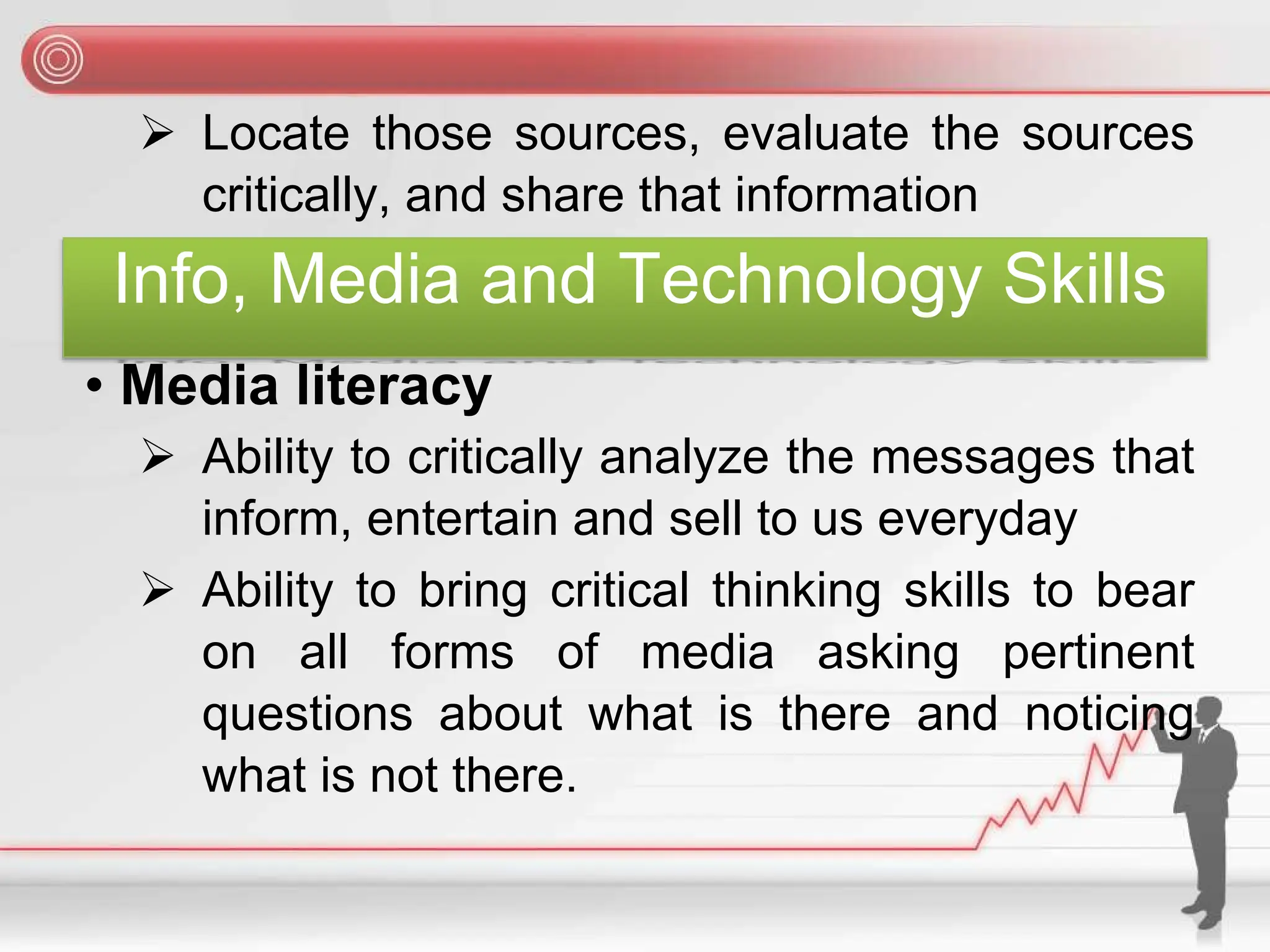 ➢ Locate those sources, evaluate the sources
critically, and share that information
Info, Media and Technology Skills
• Media literacy
➢ Ability to critically analyze the messages that
inform, entertain and sell to us everyday
➢ Ability to bring critical thinking skills to bear
on all forms of media asking pertinent
questions about what is there and noticing
what is not there.
 