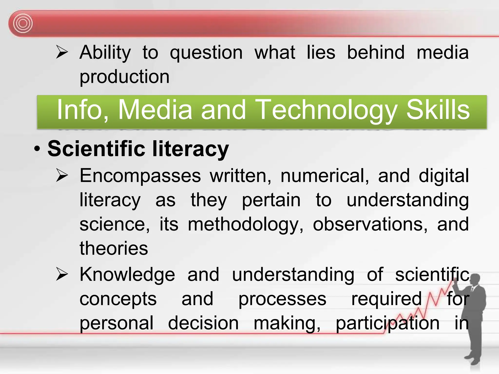 ➢ Ability to question what lies behind media
production
Info, Media and Technology Skills
• Scientific literacy
➢ Encompasses written, numerical, and digital
literacy as they pertain to understanding
science, its methodology, observations, and
theories
➢ Knowledge and understanding of scientific
concepts and processes required for
personal decision making, participation in
 