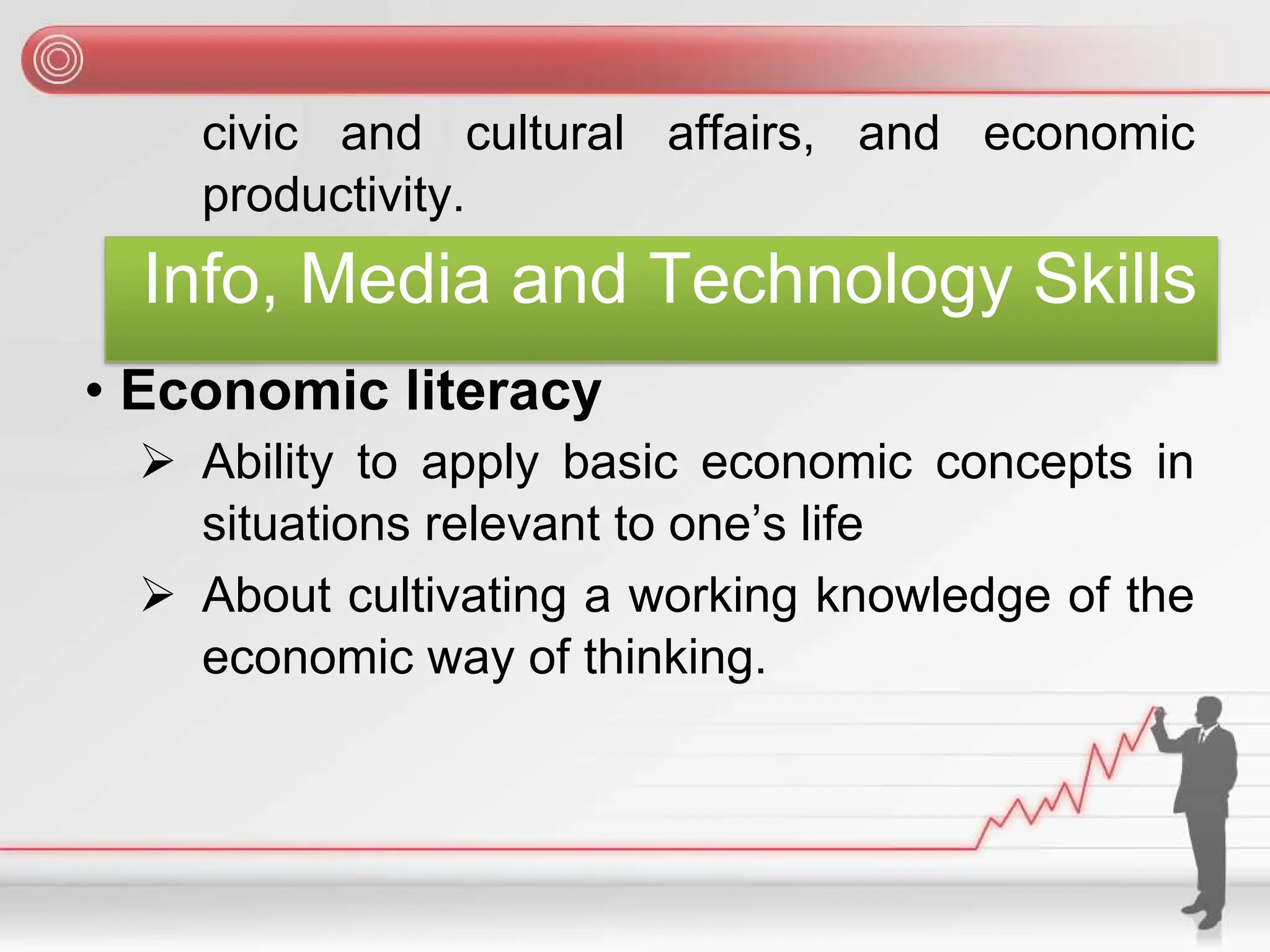 civic and cultural affairs, and economic
productivity.
Info, Media and Technology Skills
• Economic literacy
➢ Ability to apply basic economic concepts in
situations relevant to one’s life
➢ About cultivating a working knowledge of the
economic way of thinking.
 