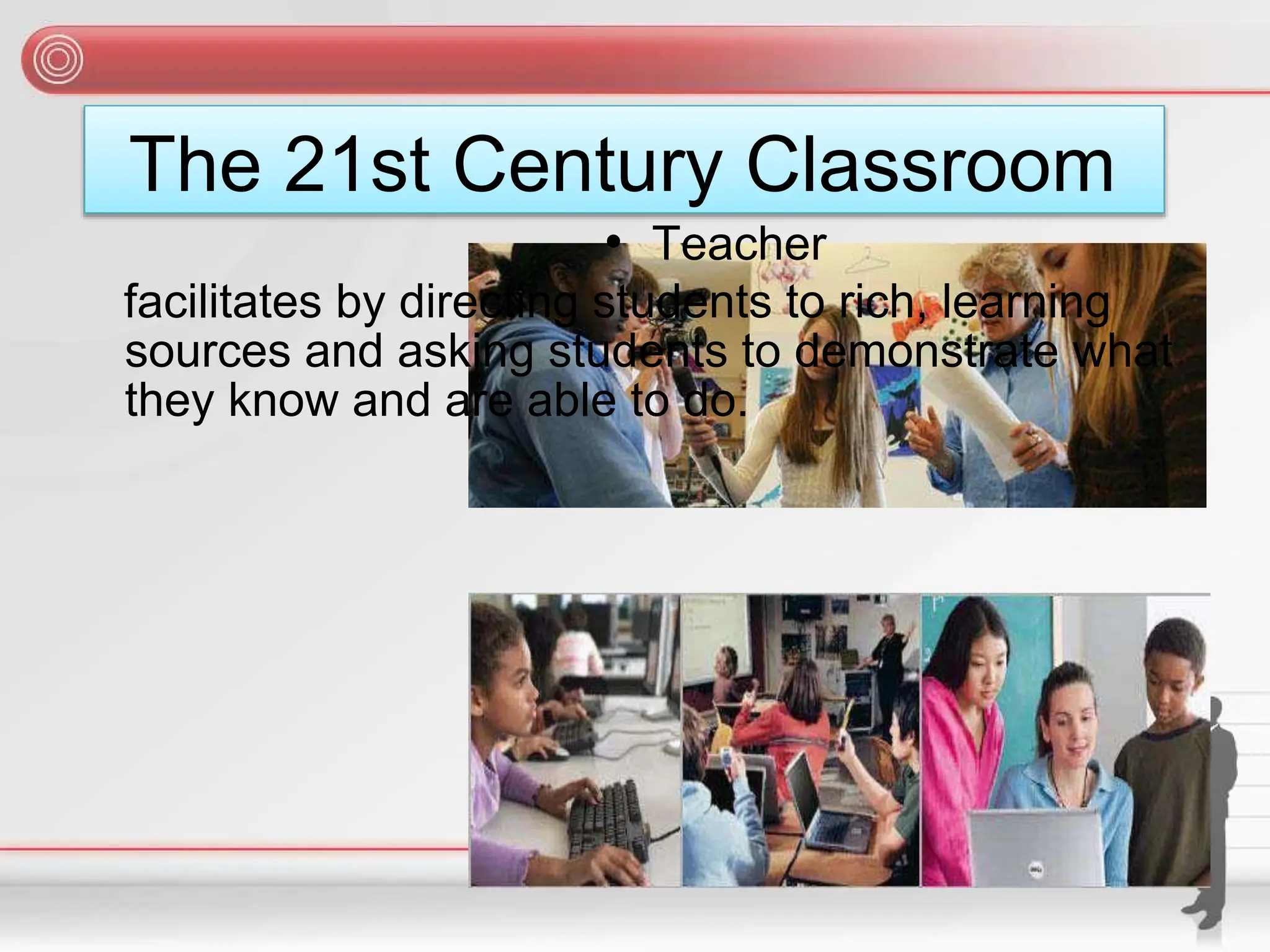 The 21st Century Classroom
• Teacher
facilitates by directing students to rich, learning
sources and asking students to demonstrate what
they know and are able to do.
 