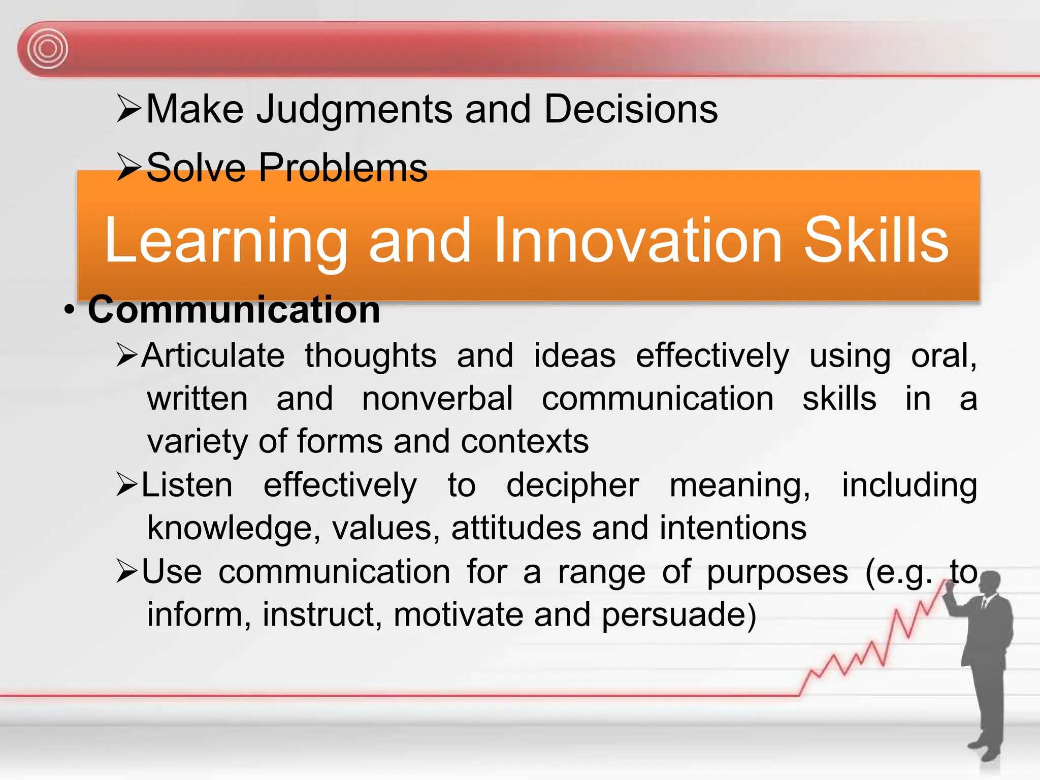➢Make Judgments and Decisions
➢Solve Problems
Learning and Innovation Skills
• Communication
➢Articulate thoughts and ideas effectively using oral,
written and nonverbal communication skills in a
variety of forms and contexts
➢Listen effectively to decipher meaning, including
knowledge, values, attitudes and intentions
➢Use communication for a range of purposes (e.g. to
inform, instruct, motivate and persuade)
 