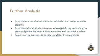 Further Analysis
● Determine nature of contact between admission staff and prospective
students
● Determine what students value most when considering a university, to
ensure alignment between what Purdue does well and what is valued
● Require survey questions to be fully completed by respondents
 