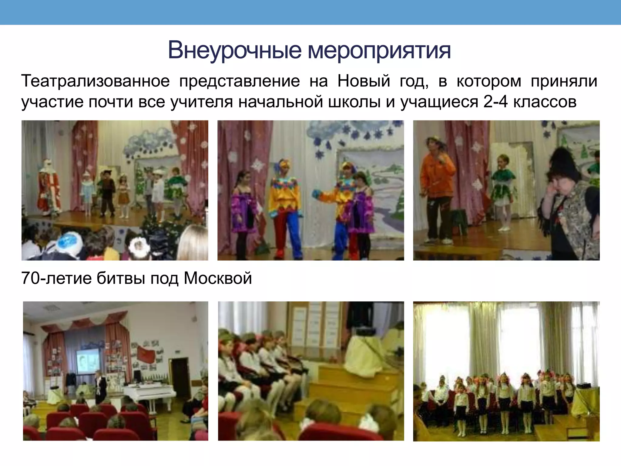 Внеурочные мероприятия
Театрализованное представление на Новый год, в котором приняли
участие почти все учителя начальной школы и учащиеся 2-4 классов




70-летие битвы под Москвой
 