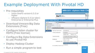 16© Copyright 2014 EMC Corporation. All rights reserved.© Copyright 2014 EMC Corporation. All rights reserved.
Example Deployment With Pivotal HD
• Pre-requisities
– Isilon OneFS version 6.5.5 or
higher
– VMware vSphere 5.0 (or later)
Enterprise or Enterprise Plus
• Download Vmware Big Data
Extensions (Free)
• Configure Isilon cluster for
HDFS (Free license)
• Configure Big Data Extensions
to use Pivotal HD
• Deploy Hadoop Cluster
• Run a simple program to test
 