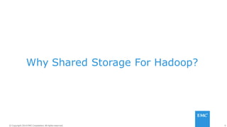 9© Copyright 2014 EMC Corporation. All rights reserved.© Copyright 2014 EMC Corporation. All rights reserved.
Why Shared Storage For Hadoop?
 