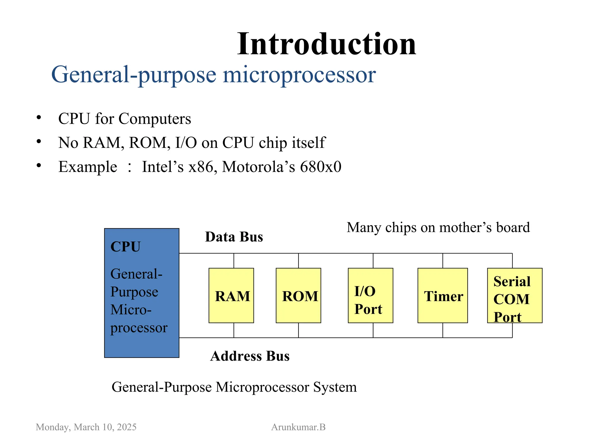 Introduction
• CPU for Computers
• No RAM, ROM, I/O on CPU chip itself
• Example ： Intel’s x86, Motorola’s 680x0
Monday, March 10, 2025 Arunkumar.B
CPU
General-
Purpose
Micro-
processor
RAM ROM I/O
Port
Timer
Serial
COM
Port
Data Bus
Address Bus
General-Purpose Microprocessor System
Many chips on mother’s board
General-purpose microprocessor
 
