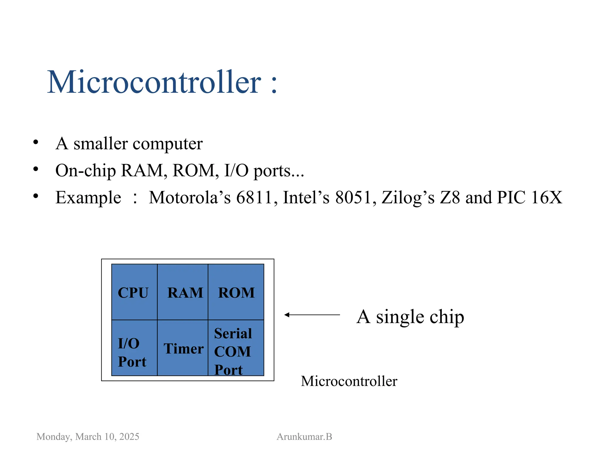 • A smaller computer
• On-chip RAM, ROM, I/O ports...
• Example ： Motorola’s 6811, Intel’s 8051, Zilog’s Z8 and PIC 16X
Monday, March 10, 2025 Arunkumar.B
RAM ROM
I/O
Port
Timer
Serial
COM
Port
Microcontroller
CPU
A single chip
Microcontroller :
 