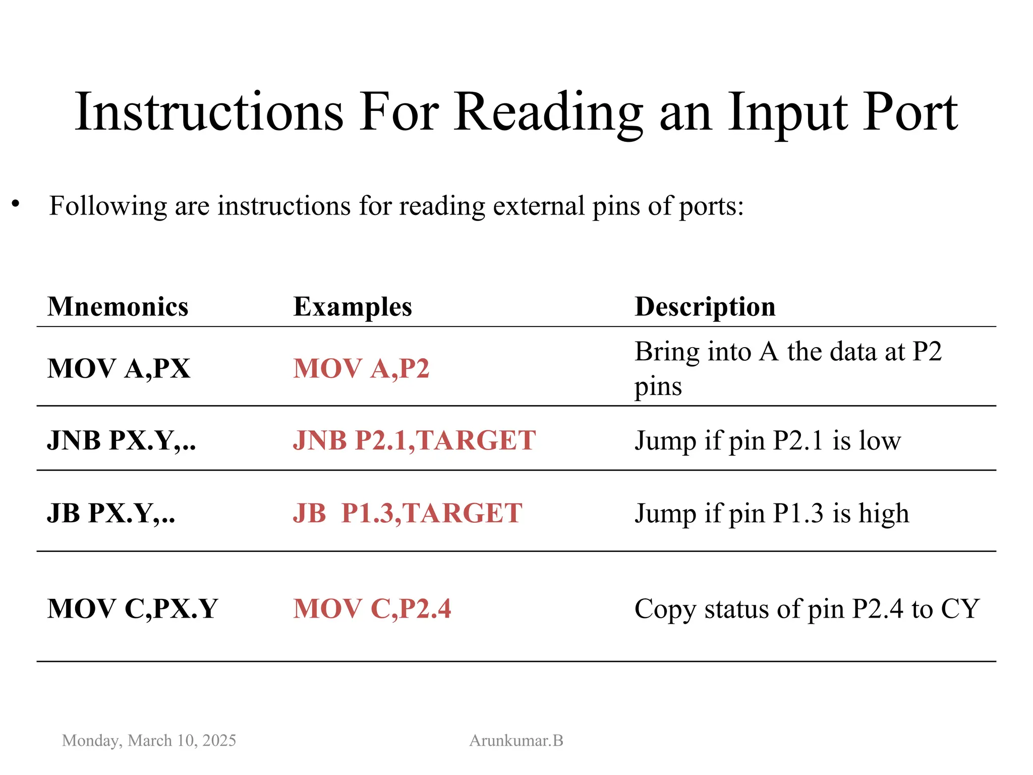 Instructions For Reading an Input Port
Mnemonics Examples Description
MOV A,PX MOV A,P2
Bring into A the data at P2
pins
JNB PX.Y,.. JNB P2.1,TARGET Jump if pin P2.1 is low
JB PX.Y,.. JB P1.3,TARGET Jump if pin P1.3 is high
MOV C,PX.Y MOV C,P2.4 Copy status of pin P2.4 to CY
Monday, March 10, 2025 Arunkumar.B
• Following are instructions for reading external pins of ports:
 